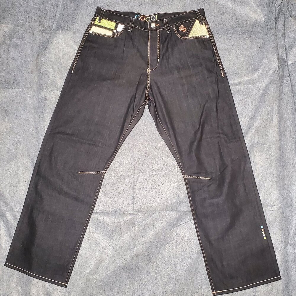 Coogi Jeans Size 38X34 Black Denim Embroidered Pockets Baggy Y2k Hip Hop